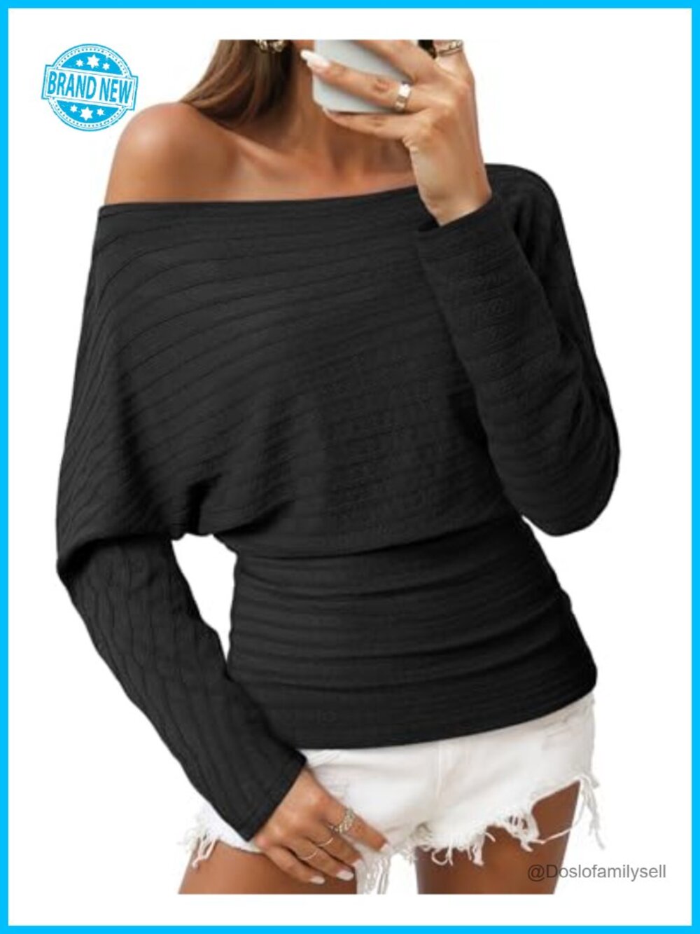 Women Off The Shoulder Knit Pullover Long Batwing Sleeve Casual Top